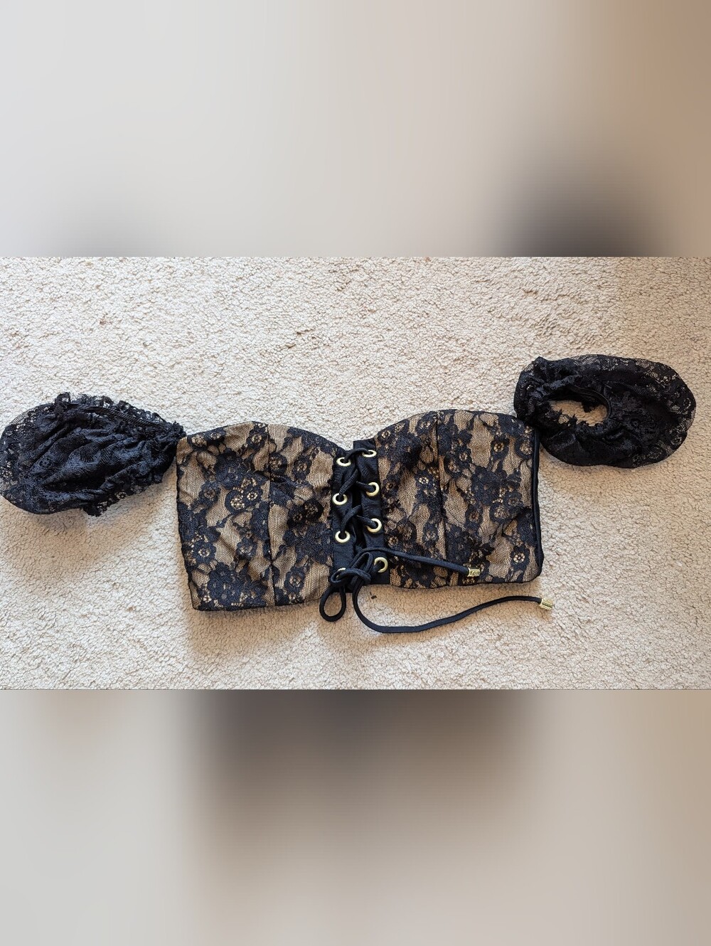 Beach Bunny Black Lace-Up Swim Top with Gold Eyelets